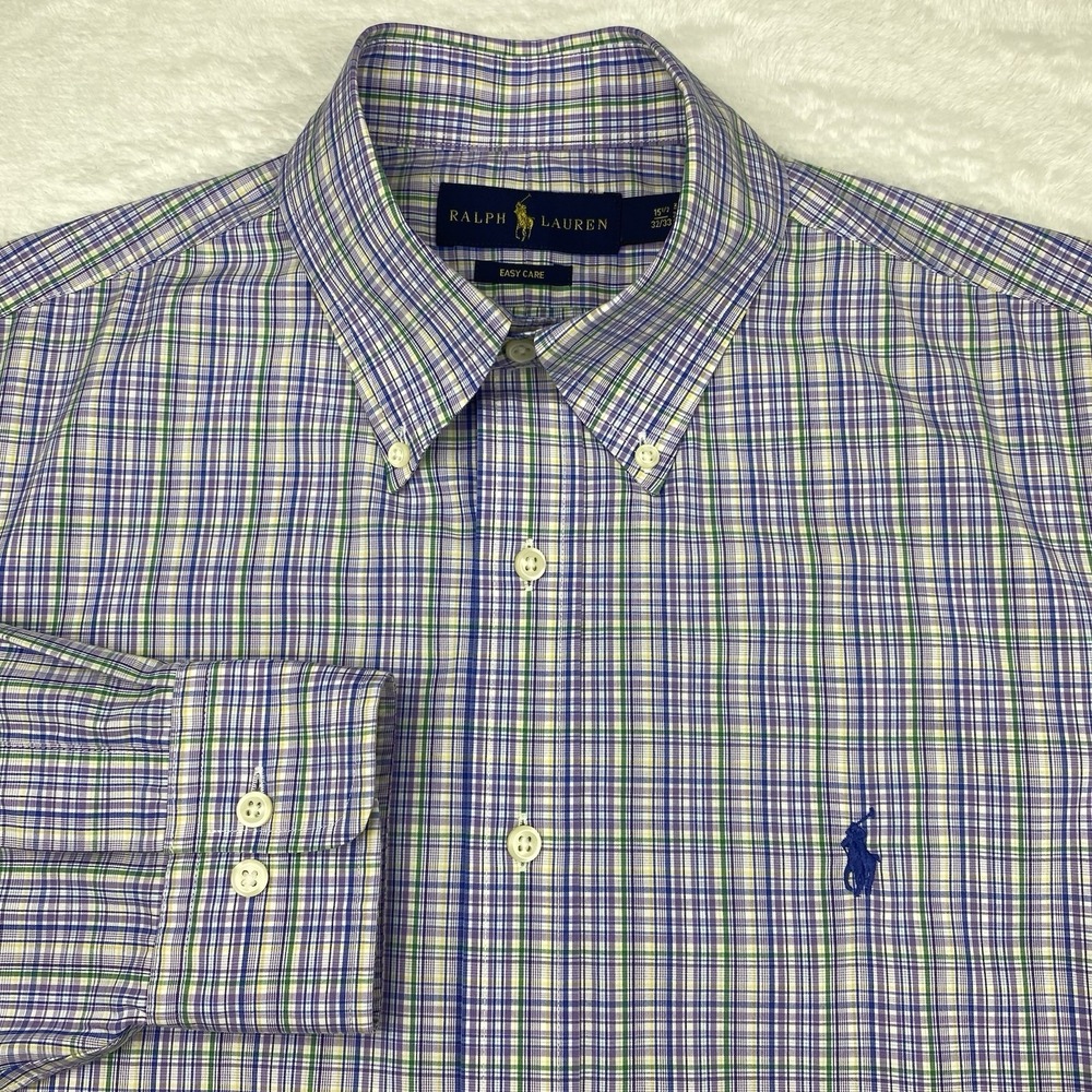 Ralph Lauren Shirt Mens 15.5-32/33 Purple/Green Plaid Easy‎ Care Long Sleeves
